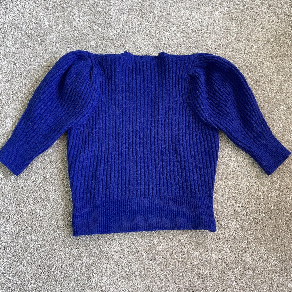 Lucky YY Sweater Womens Small Blue Crew Neck Puff 3/4 Sleeve Chunky Knit - Picture 2 of 9